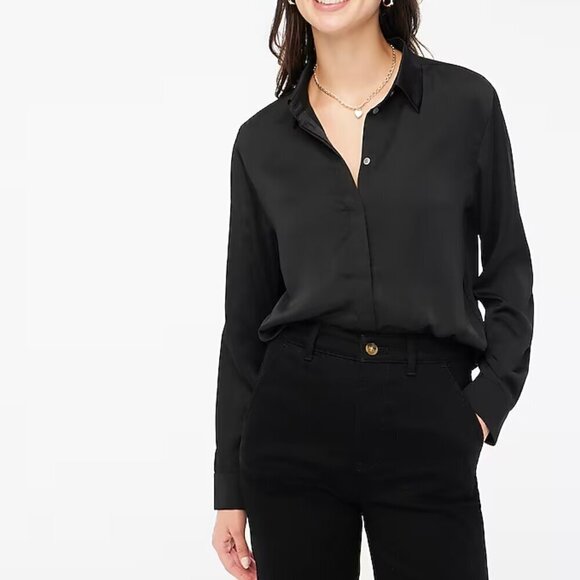 J. Crew Drapey Satin Button Up Long Sleeve Top Black Size S NWT - Picture 1 of 7